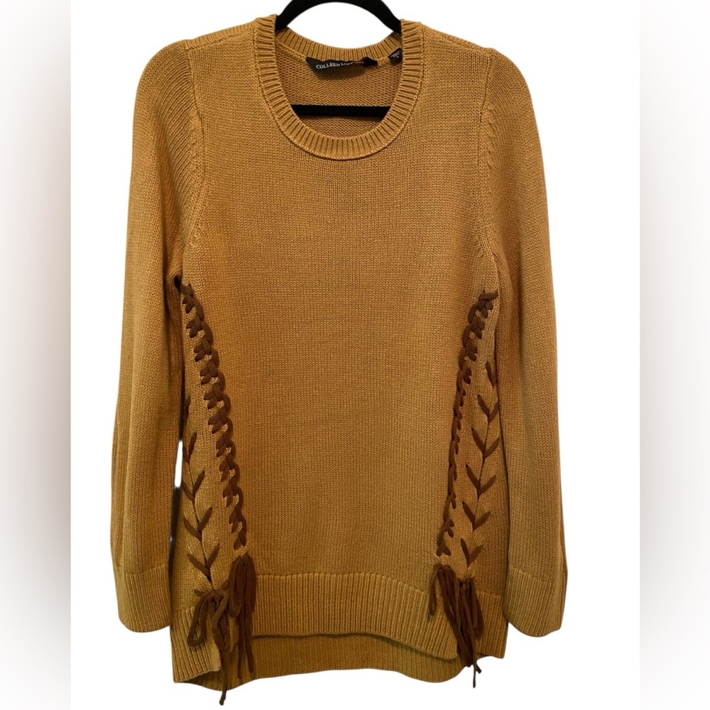 Colleen Lopez Pullover Sweater With Lace-Up Seams Caramel Spice S New Cabincore
